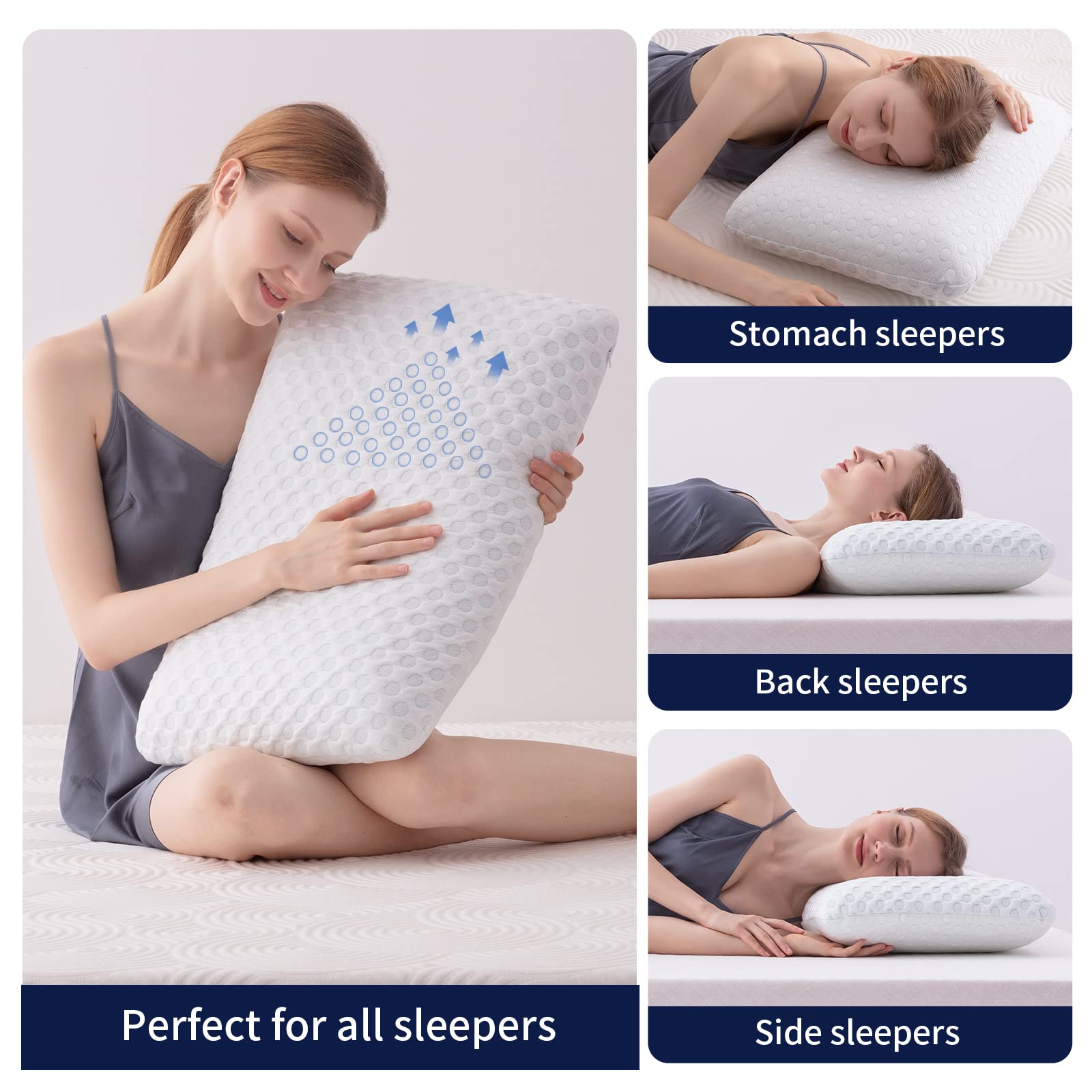 Hcore Gel Memory Foam Pillows 2 Pack Firm Pillow Dual-Sided Cooling & Cozy Washable Cover for All Seasons Ventilated Breathable Foam Pillow for Sleeping- CertiPUR-US - 2 Pack Standard