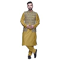 Men Mandarin Collar Solid Kurta Churidar Pajama & Printed Nehru Jacket Set