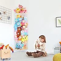 Stuffed Animal Storage, Wood Soft Toy Shelf with Adjustable Length Nursery Toy Organizer Hammock, Hanging Corner Net Stuffed Animal Holder, Plush Toy Organizer for Playroom Bedroom Kids Room Décor