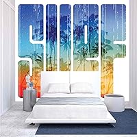 100x100 inches Wall Mural,Summer Surf Retro Letters That Reflect the Seacoast with Palm Tree Extreme Sports Art Peel and Stick Self-Adhesive Wallpaper Removable Large Wall Sticker Wall Decor for Home