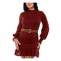 B Darlin Womens Brown Stretch Belted Ribbed Keyhole Button Closure Balloon Sleeve Mock Neck Short Evening Fit + Flare Dress Juniors 11