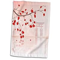 3D Rose Beautiful Japanese Sakura Red Cherry Blossoms Branching Reflecting Over Water Hand/Sports Towel, 15 x 22