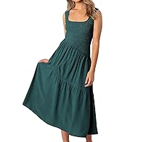 Sundress for Women 2024 Ruched Dresses for Women Solid Color Patchwork Fashion Elegant Loose Fit with Sleeveless U Neck Dress Dark Green Large