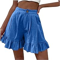 Womens Ruffle Shorts, High Waist Linen Shorts Summer Bermuda Short Casual Baggy Pants Zipper Button Pockets Short Pant