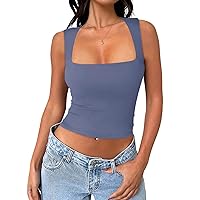 REORIA Women's Square Neck Going Out Crop Tops Double Lined Cute Basic Tank Tops 2024 Trendy Clothes