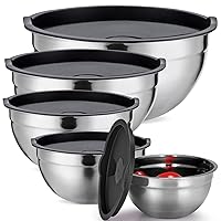 Strelitsia® Mixing Bowls Set of 5,Stainless steel Nesting Bowls with Airtight Lids,Size 5, 4, 3.5, 2, 1.5QT for Baking,Cooking,Prepping and Saving Food,Black