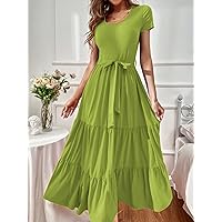 Women's Dress Dresses for Women -Line Belted Ruffle Hem Dress Dress (Color : Lime Green, Size : Medium)