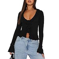 Women Y2k Shirts Long Sleeve Deep V Neck Ruffle Crop Tops Going Out Top Sexy Blouse Club Streetwear