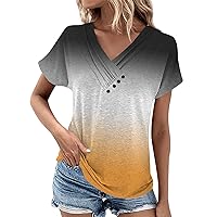 Womens Tops Summer Button Solid Color Ruched Short Sleeve Loose Shirts Basic Dressy Blouse Ladies 2024 Outfits