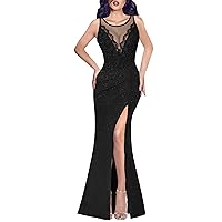 VFSHOW Womens Crochet Lace Patchwork Deep V Neck Ruched Formal Prom Maxi Dress 2023 Sexy High Split Mermaid Evening Long Gown