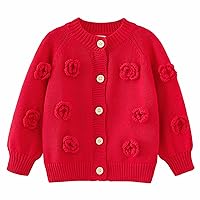 Toddler Girls Cardigan Sweater Autumn/Winter Handmade Flowers Solid Color Knitted Jacket Party Pullover Toddler