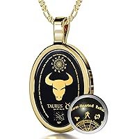 Taurus Necklace Zodiac Pendant for Birthdays 20th April to 20th May Star Sign and Personality Characteristics Pure Gold Inscribed in Miniature Details on Onyx, 18