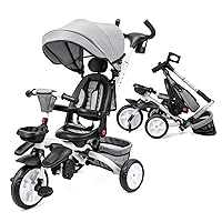 Baby Tricycle, 7 in 1 Folding Toddler Bike w/Removable Adjustable Push Handle, Rotatable Seat, Safety Harness, Storage, Cup Holder, Trike for 1-5 Year Old