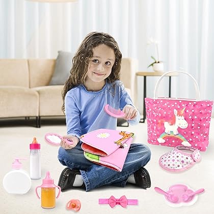 BNUZEIYI Baby Doll Accessories -Baby Doll Feeding and Caring Set with Diaper Bag Doll Diaper and Bottles for Girls Toys Gift, Baby Doll Stuff Doll Clothes fit 14-16 Inch Doll and 18 Inch Doll