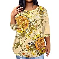 Womens T Shirts Plus Size Plus Size Tops for Women Sunflower Print Casual Fashion Trendy Loose Fit with 3/4 Sleeve Round Neck Shirts Orange 4X-Large