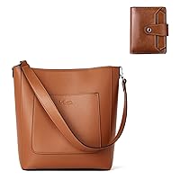 BROMEN Hobo Bags for Women Leather Bucket Crossbody Purse Brown with White and Small Wallets for Women Leather RFID Wallet Bifold Card Case Brown Bundle