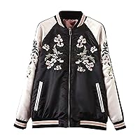 Flygo Women's Floral Phoenix Embroidered Reversible Baseball Bomber Jacket Black Pink