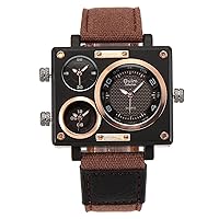 JewelryWe Mens Military Watch Three Time Zone Big Square Quartz Watch Casual Sports Leather Wristwatch