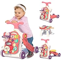 QDRAGON 5 in 1 Walker for Baby Girl, Baby Push Walkers, Assemble as Scooter/Motorbike/Activity Center/Detachable Panel, Walking Toys for Infants 6-12 Months, Red