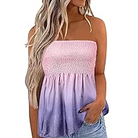 Women Gradient Babydoll Bandeau Off Shoulder Pleated Flowy Tube Tops Summer Casual Trendy Sexy Strapless Blouses
