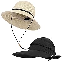 Women's Wide Brim Straw Sun Hat with Lanyard/Women UPF 50+ UV Sun Protective Beach Visor