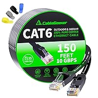 Cat 6 Ethernet Cable Black 150 ft (at a Cat5e Price but Higher Bandwidth) Flat 10Gbps Internet Network Cable - Cat6 Ethernet Patch Cable Short - Computer LAN Cable with Snagless RJ45 Connectors