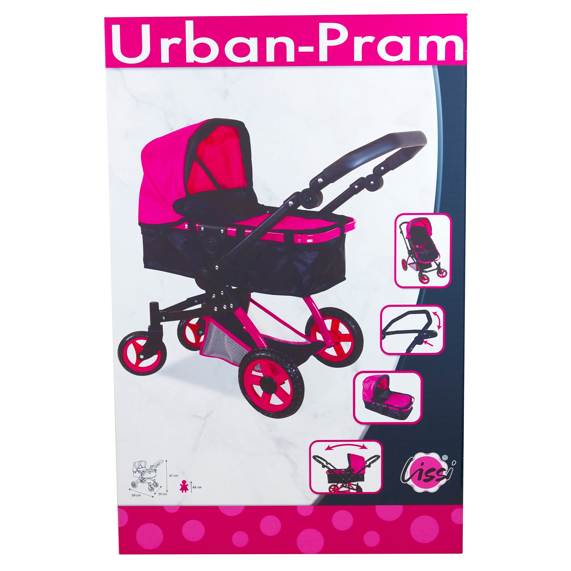 Lissi Urban Baby Doll Pram, Pink,black