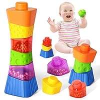 NPET 6pcs Soft Stacking Building Block Baby, Montessori Colorful Blocks Toy Teethers Toy Educational Squeeze Play with Shapes Exchange Textures Shape Rubber Blocks Variable Baby Block for Baby Gifts