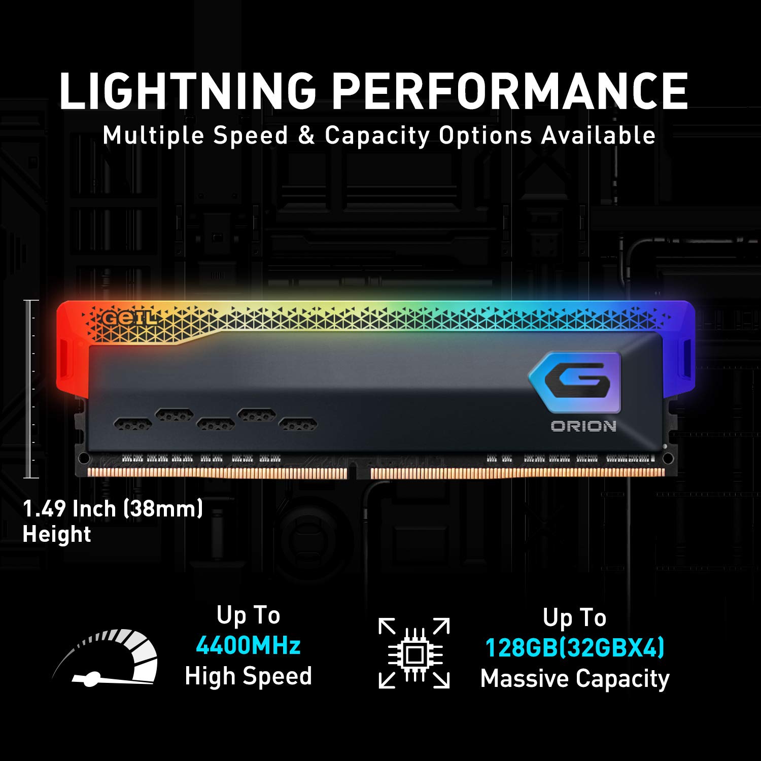 GeIL Orion RGB DDR4 RAM, 32GB (16GBx2) 3200MHz 1.35V XMP2.0, Intel/AMD Compatible, Long DIMM High Speed Desktop Memory, Hardcore Immersive Gaming/Multimedia Content Creation/Quality Live Streaming
