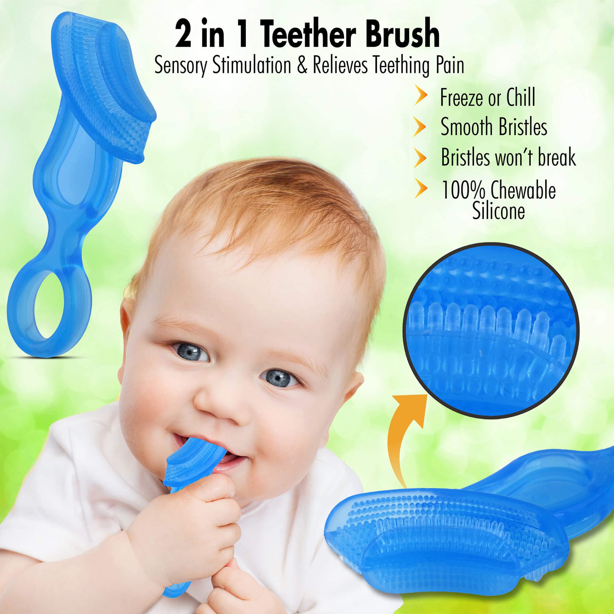 Brilliant Baby’s 1st Toothbrush - Silicone First Toothbrush for Babies and Toddlers, Age 4 Months Old and Up, Oral Care Must Haves Infant and Toddler, Baby Registry Essentials, Blue, 2 Brushes