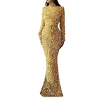 Sequins Mermaid Prom Dresses 2023 Sparkly High Neck Long Sleeve Bodycon Formal Evening Party Gowns with Belt