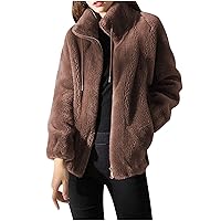 Women Full Zip Fleece Jacket Fuzzy Faux Fur Coat Casual Stand Collar Warm Outwear Shaggy Oversized Fashion Cardigan