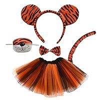 5 Pieces Kids Girls Tiger Costume Set Tiger Ear Headband Tail Nose Bow Tie Tutu Skirt for Halloween Cosplay Party