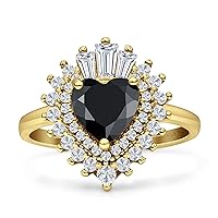 Art Deco Heart Natural Black Onyx Halo Baguette & Round Bridal Cocktail Wedding Engagement Promise Ring Solid 925 Sterling Silver