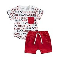 Ynibbim Toddler Baby Boy 4th of July Outfits 0-4 Years Summer Clothes Letter Print Tops & Cotton Shorts Set