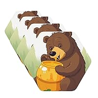 Coaster for Drink Leather Coaster Set of 6 Bear Eats Honey Drink Coasters Heat Resistant Coffee Cup mat Tabletop Protection Cup Pad Decorate Cup Mat for Kitchen