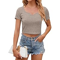 Women's Y2K Tops Solid Color Round Neck Loose Button Short Sleeved T-Shirt Cable Knit Beach Pullover Top, S-2XL