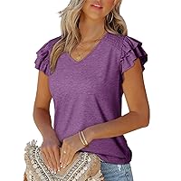Dokotoo Women's Casual Ruffle Short Sleeve Tops Cute Solid Color Knit Ribbed T Shirts Blouses