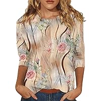 3/4 Sleeve Shirts for Women Boho Printed Pullover Crewneck Casual Basic Tees Blouses Loose Fit Pullover
