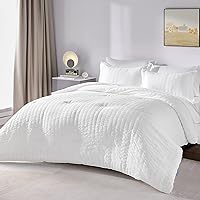 CozyLux Queen Bed in a Bag White Seersucker Comforter Set with Sheets 7-Pieces All Season Bedding Sets with Comforter, Pillow Sham, Flat Sheet, Fitted Sheet and Pillowcase