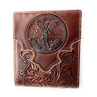 Western Men's Cowboy Leather Floral Tooled Laser Cut Mexican 50 Pesos Short Wallet in 5 colors (Brown/Tan)