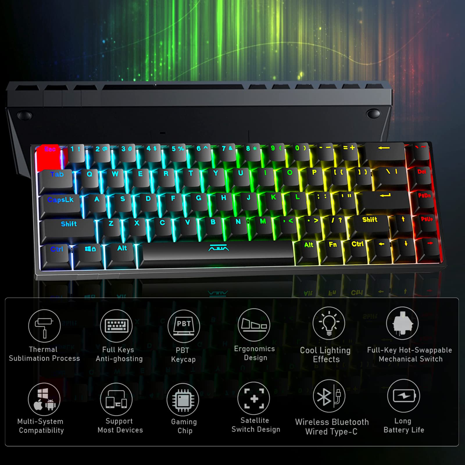 SOLAKAKA 65% Bluetooth Mechanical Keyboard, with RGB Backlit, Arrow Keys, Compact 68-Keys Hot Swappable, USB Wired Gaming Keyboards for Windows PC Mac Gamer, Blue Switch