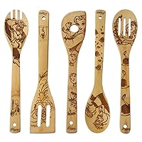 Beauty and the Beast Burned Wooden Spoons Cooking &Serving Utensils Set Bamboo Spoon Slotted Kitchen Utensil Fun Gift Idea Warming Present (Set of 5)