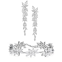 SWEETV Cubic Zirconia Bridal Drop Earrings and Bracelets Set for Women, Wedding, Prom Jewelry Gifts (Silver)