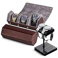 Genuine Leather Watch (Brown/Grey) and Watch Stand (Black/Black/Black)