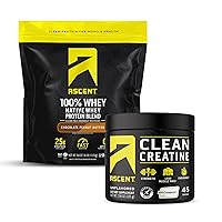 Ascent 100% Whey Protein Powder, Chocolate Peanut Butter 4 lb & Creatine Monohydrate Powder, Unflavored 45 Servings