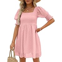 WEESO Womens Summer Puff Sleeve Square Neck Empire Waist Babydoll Dresses XXS-2XL