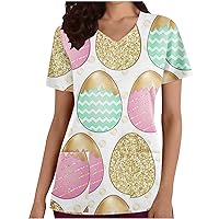 Happy Easter Scrubs Women's Easter Bunny Egg Print Nurse Tops V-Neck Work Uniform 2024 Fashion Graphic Tees Blouse