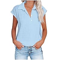 Womens Linen Shirt Short Sleeve Henley Blouses Summer Button V Neck Tee Tops Dressy Casual Work Shirts Office Clothes