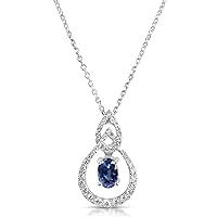 Created Blue Sapphire & Cubic Zirconia Pendant Necklace 925 Sterling Silver 14K White Gold Plated
